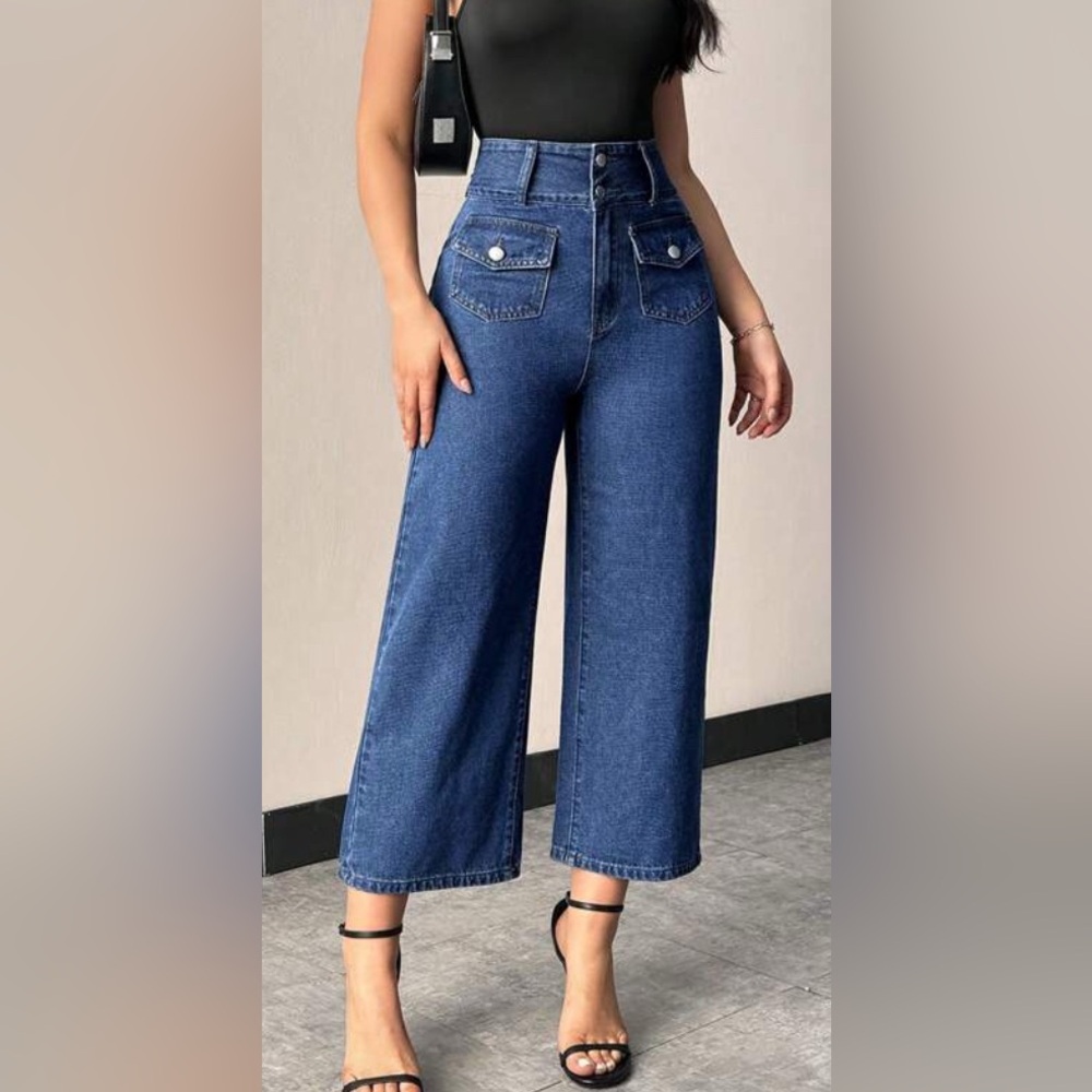 High-Rise Wide-Leg Denim Jeans - Blue